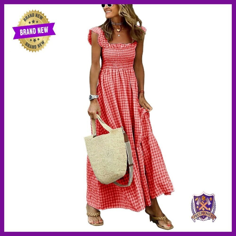 Retro Plaid Smocked Dress with Pockets, Spaghetti Strap Flounce Hem
